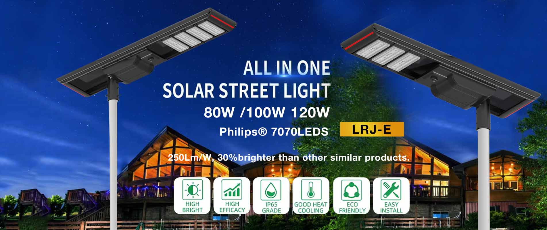 Lampadaire solaire intégré breveté à haute luminosité, éclairage extérieur à LED Prowe 80 W, 100 W, 120 W