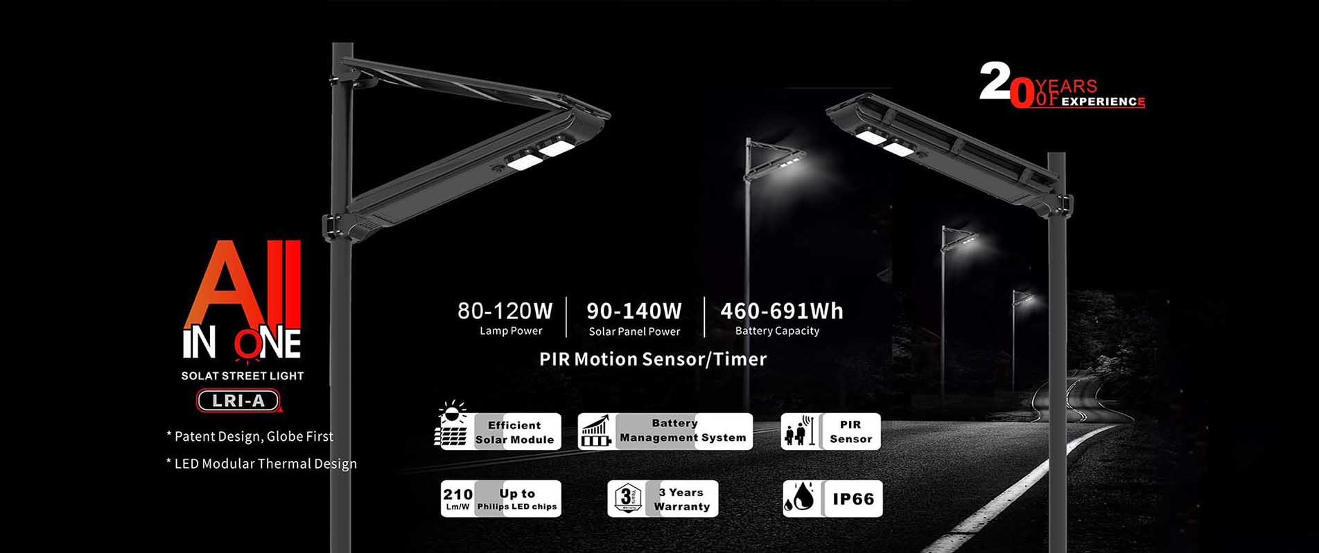 Lampadaire solaire à LED 60 W, durable et hautement efficace, avec capteur radar IP66 6 500 K