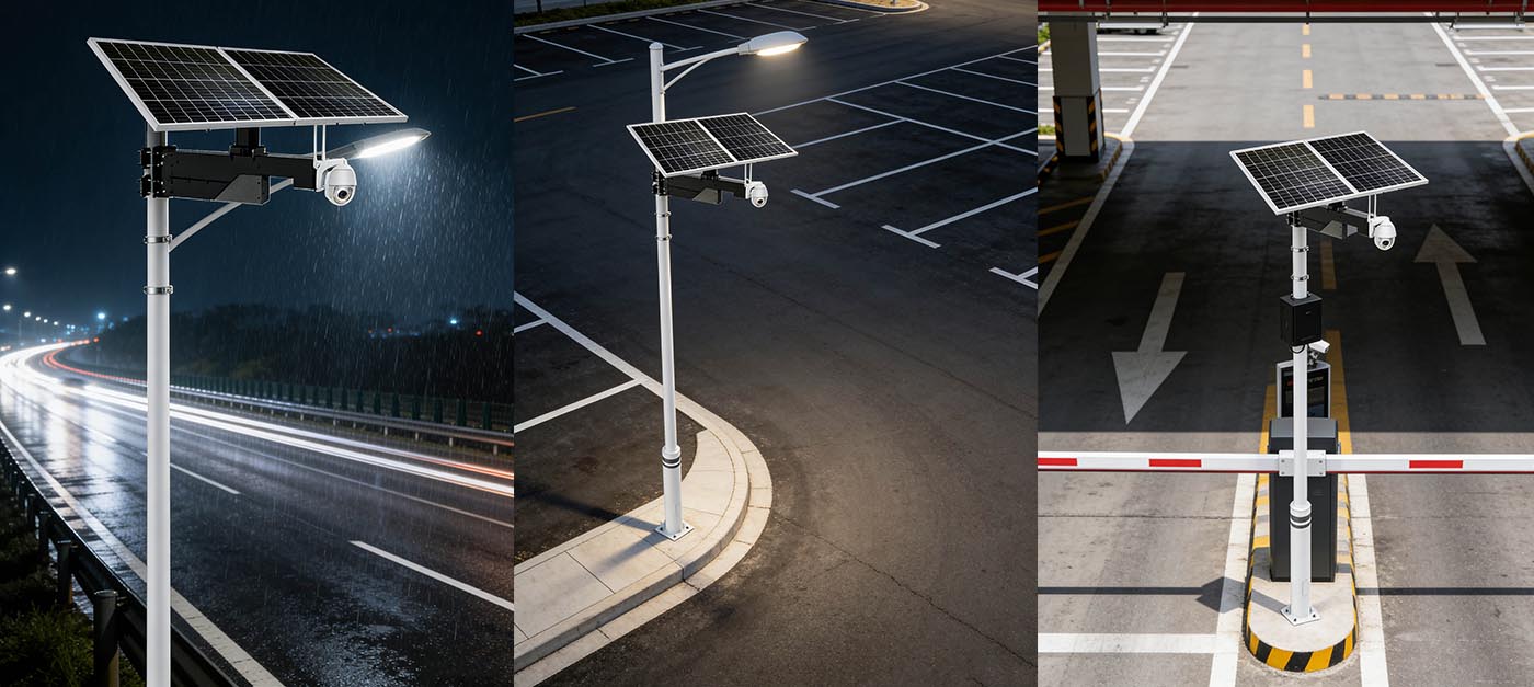 Solar monitoring for home/villa security: courtyard, fence, garage, entrance.