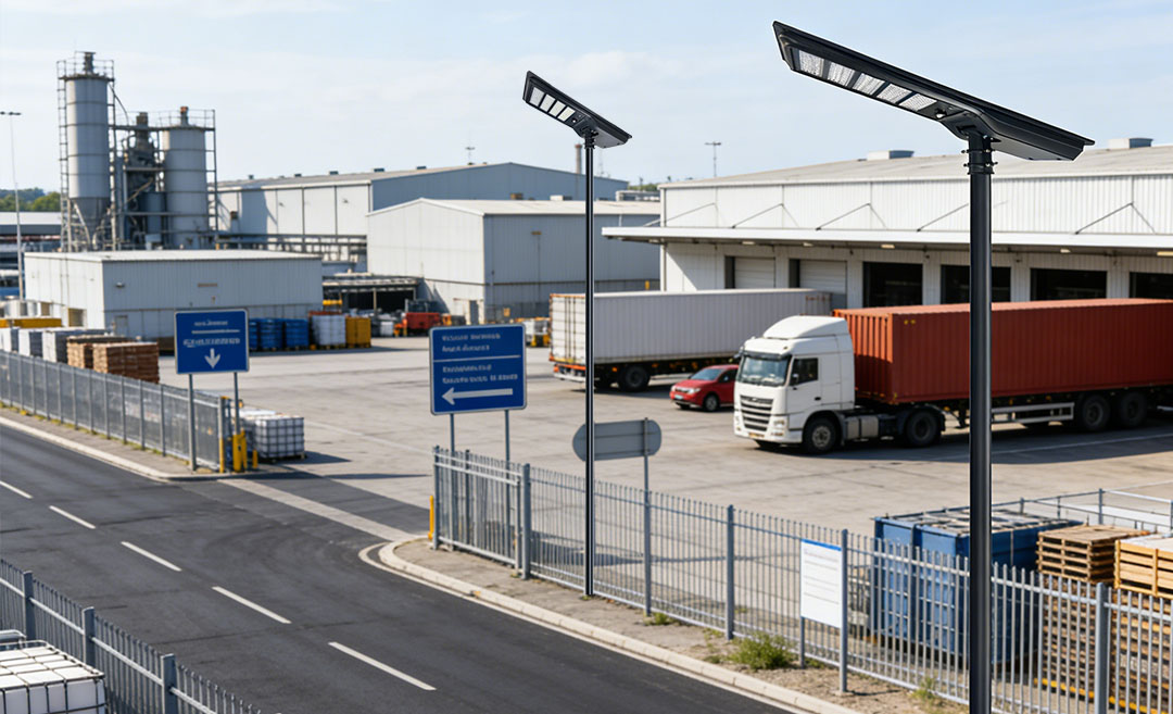 Installation de lampadaires solaires et de sources d'éclairage dans le parc industriel d'Oran, en Algérie.