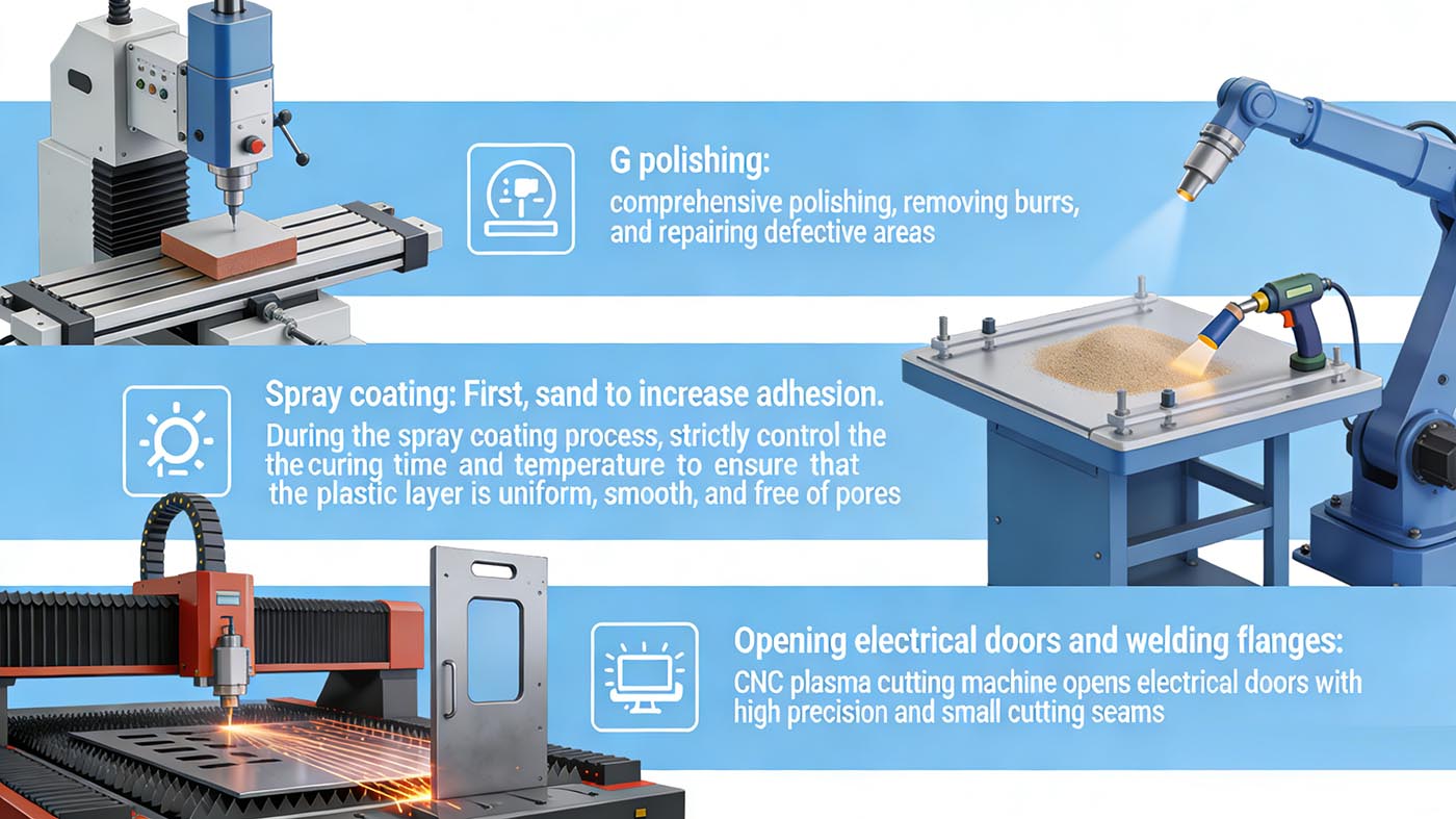 Opening electrical doors and welding flanges: CNC plasma cutting machine opens electrical doors with high precision and small cutting seams.