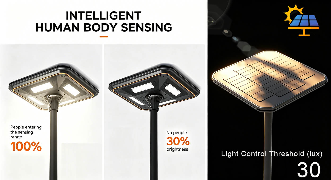 When the ambient light is below the threshold of 30lux, the street lamp will automatically turn on; Automatically shut down after dawn to avoid energy waste.